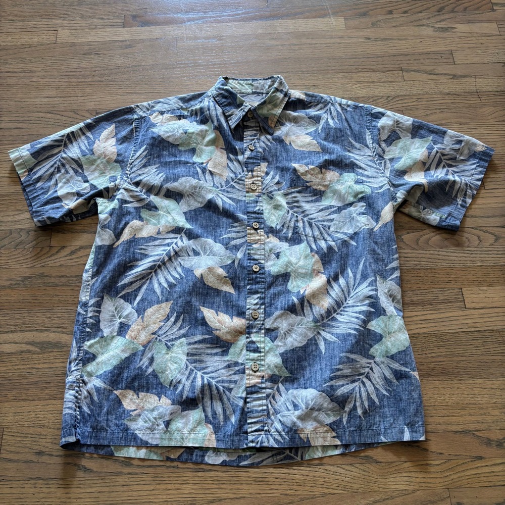 Cooke‎ Street Honolulu Mens Medium Blue Tropical Leaf Print Cotton Aloha Shirt